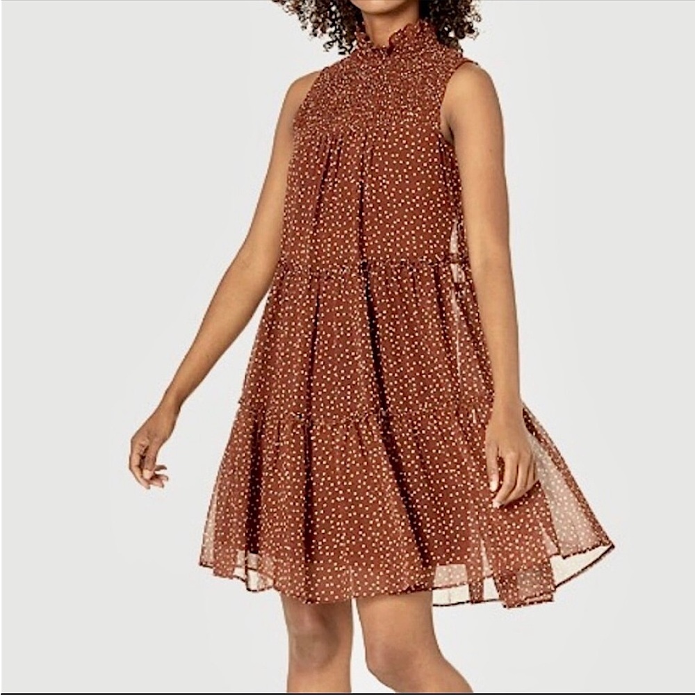 A6 - 308 Sleeveless flowy brown polka dot smocked neck tiered dress size 4